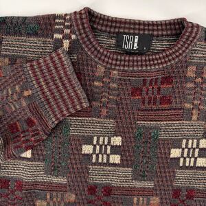 Vintage TSR USA Geometric Knit Sweater Mens Large Earth Tones 90s Retro Crewneck